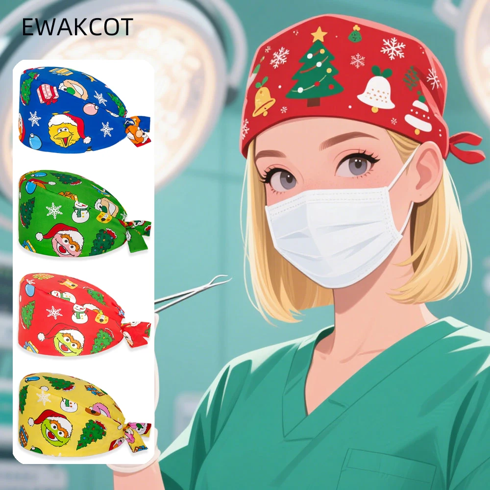 Woman man Christmas Surgical Cap Cotton Santa SnowMan Printed Surgeon Hat Nurse Doctor Dentist Spa Pet shop Nursing Scrub Caps