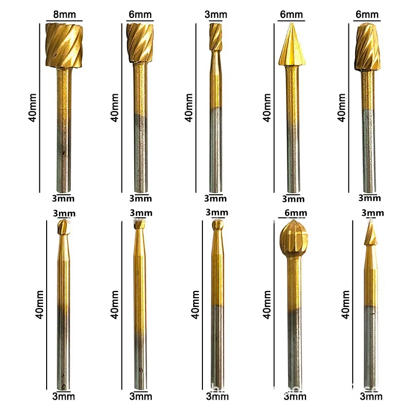 Krachtige 10Pcs Houtbewerking Carving Cutter Gesneden Knifetools Carpenter Titanium Routing Hout Roterende Frezen Rotary File Cutter
