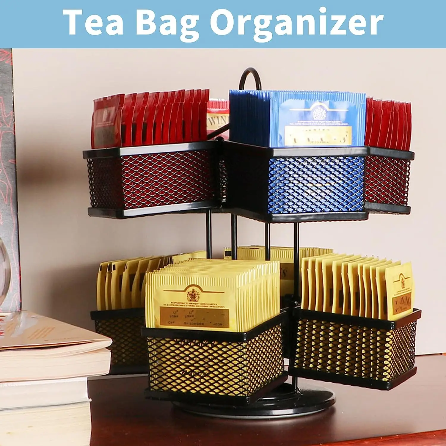 

360˚ Rotating Tea Bag Holder Storage with 8 Compartments Tea Bags Box 2 Tier Turntable Kitchen Organiser Iron Coffee Pad Rack