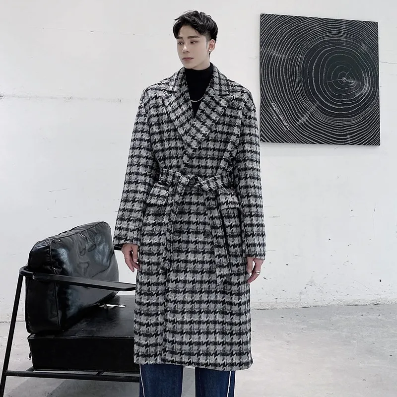 

Fashion Long Jackets Trench Wool Blends Men's Overcoat Long Coat Double Breasted Coats Streetwear Party Loose Plaid Jackets H84
