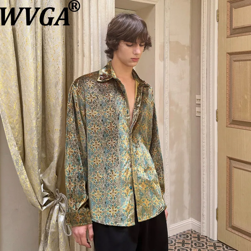 WVGA Autumn New Men Vintage Printed Trendy Long Sleeve Shirt Loose-fit Retro Turn-Down Collar Niche Plaid Design Tops Ins W28232