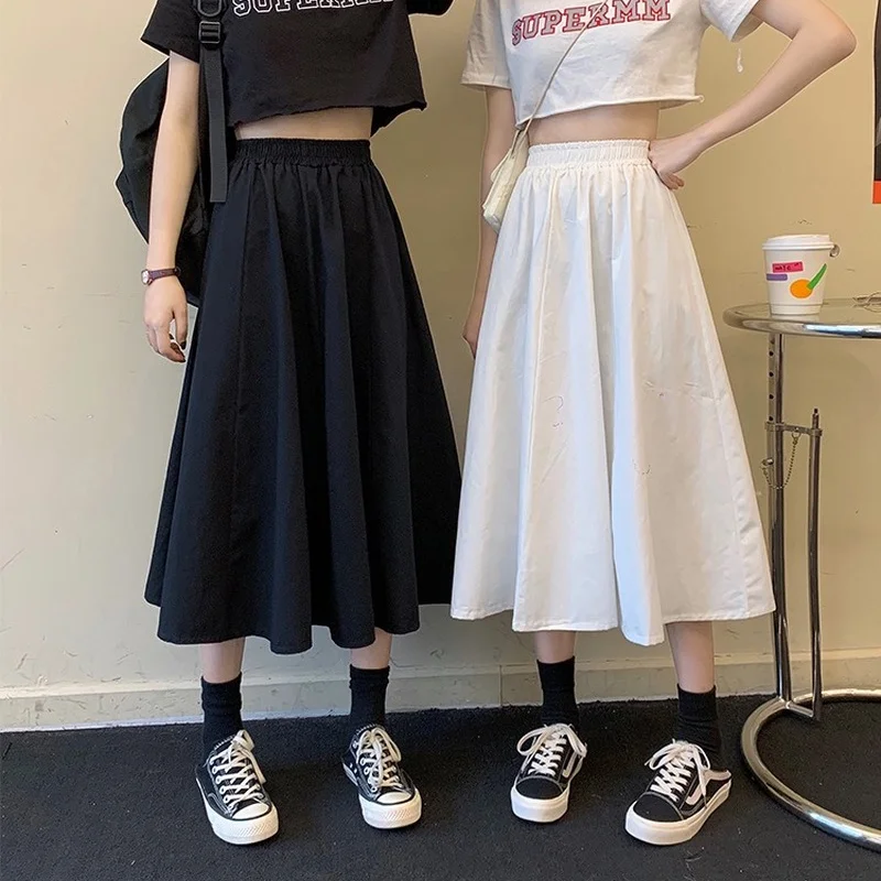 

2023 Spring and Summer Women Casual Midi Skirts Korean Fashion Solid Color Loose Wide Elastic High Wiast A-line BF Streetwear