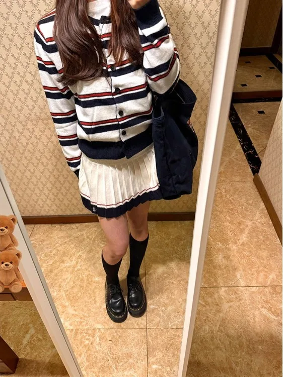 Retro Striped Knitted Open Cardigan Women's Early Autumn College Sle Slim Fit round Ne Sweater ort Coat Top Korean Sle