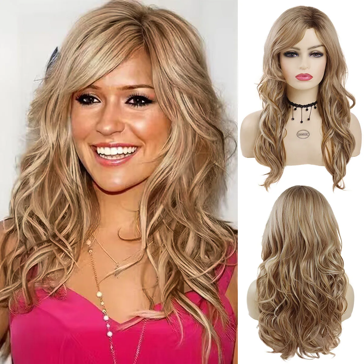 

Synthetic Curly Blonde Wigs for White Women Long Wavy Blonde Ombre Color Fashion Wig with Bangs Wig for Women Carnival Party