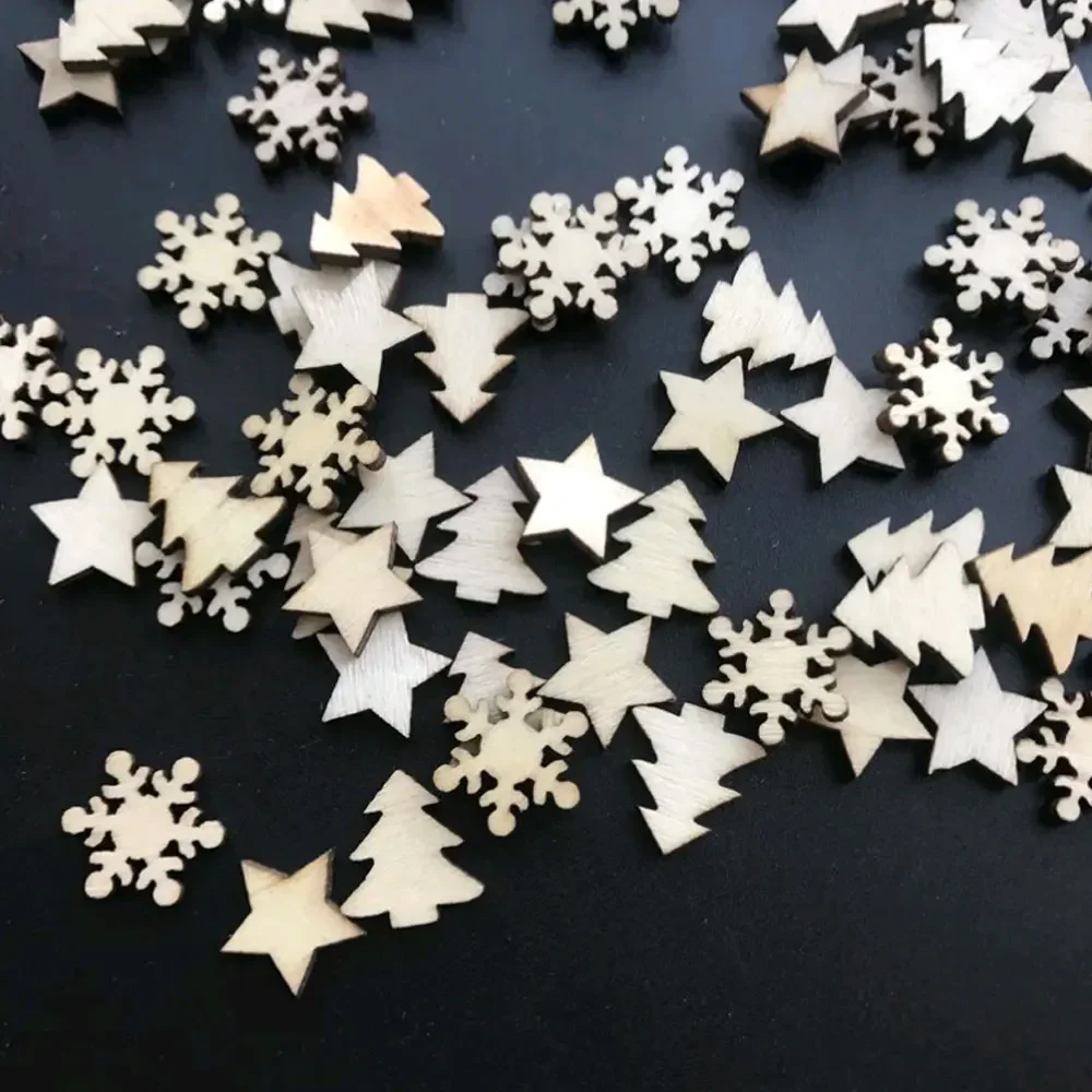 50Pcs Wooden Christmas Tree Snowflakes Stars DIY Christmas Hanging Ornaments Pendant Table Christmas Home Decorations Supplies