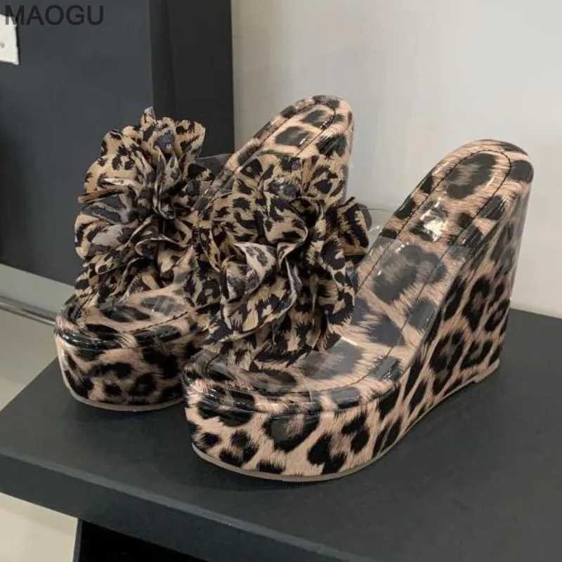 Women's Leopard Flower Platforms Sandals 13CM High Heel Wedge Slippers Sexy Summer Peep Toe Beach Shoes Fashion Heels for Ladies view 5