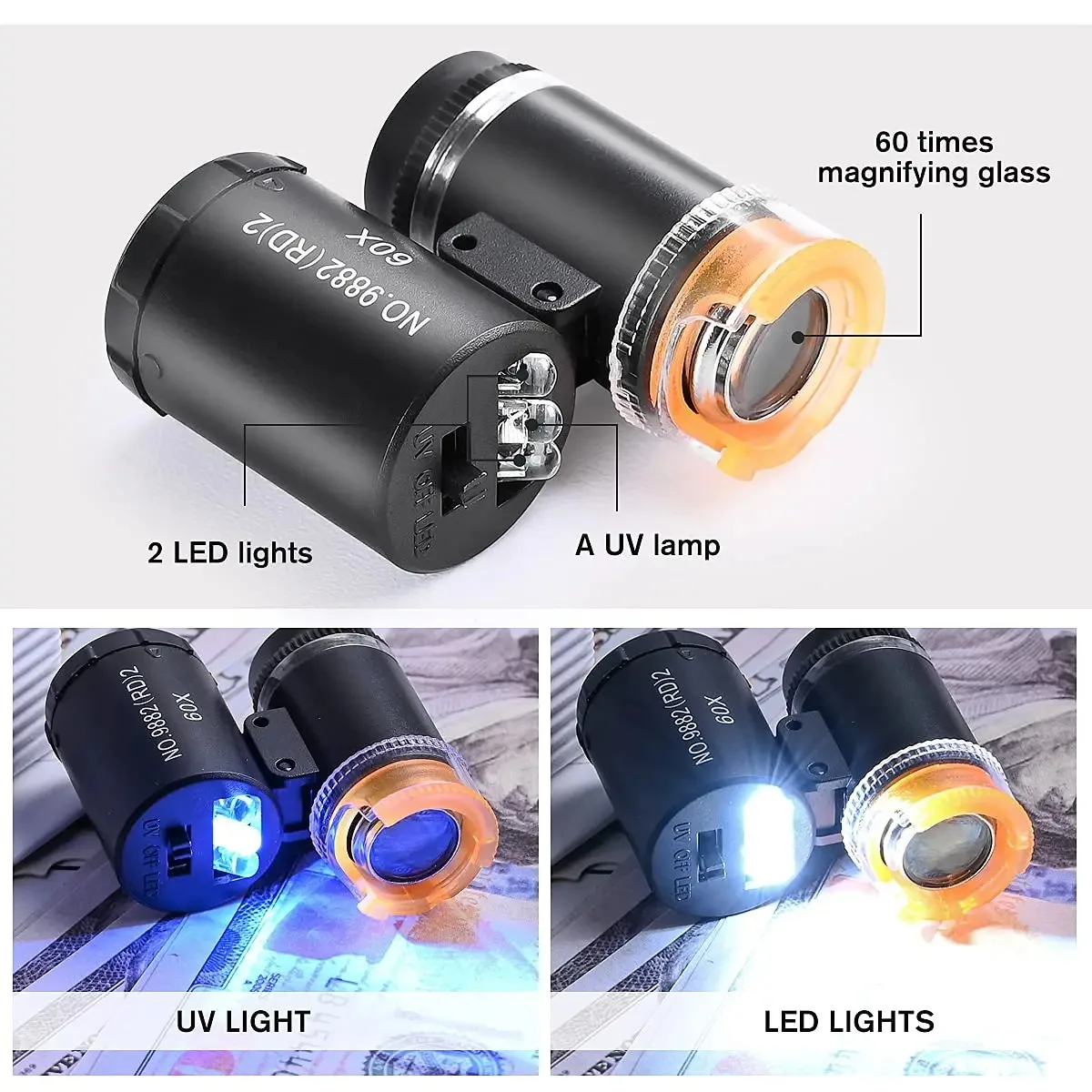 60x Portable Magnifier Handheld Identification Microscope 3 LED Lights Silver Dollar Antique Printing Identification