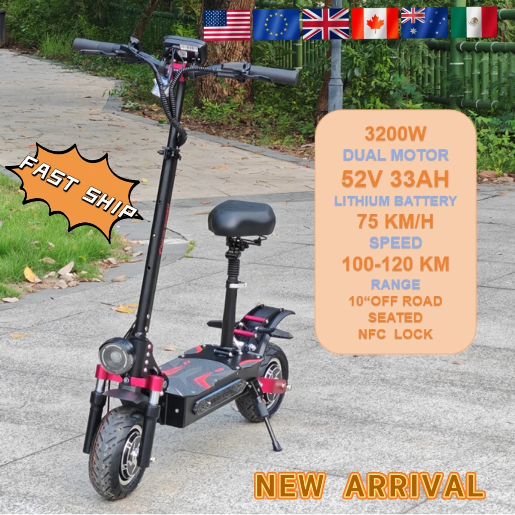 

Wholesale Electric Scooters 3200W 52V 33AH Dual Motors Max Speed 120km/h Max Mileage 90KM Foldable Hydraulic brakes
