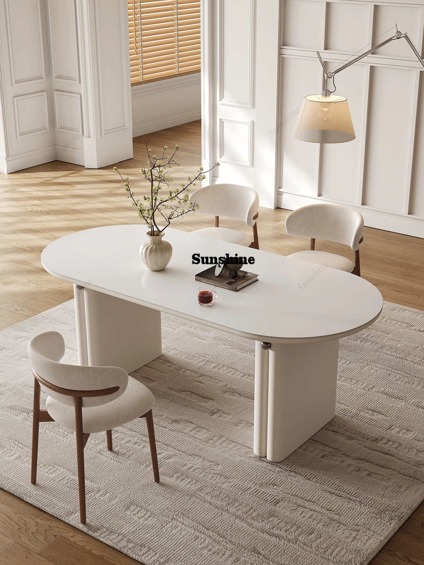 

French cream wind rock board dining table household small apartment dining table oval dining table and chair combinatio