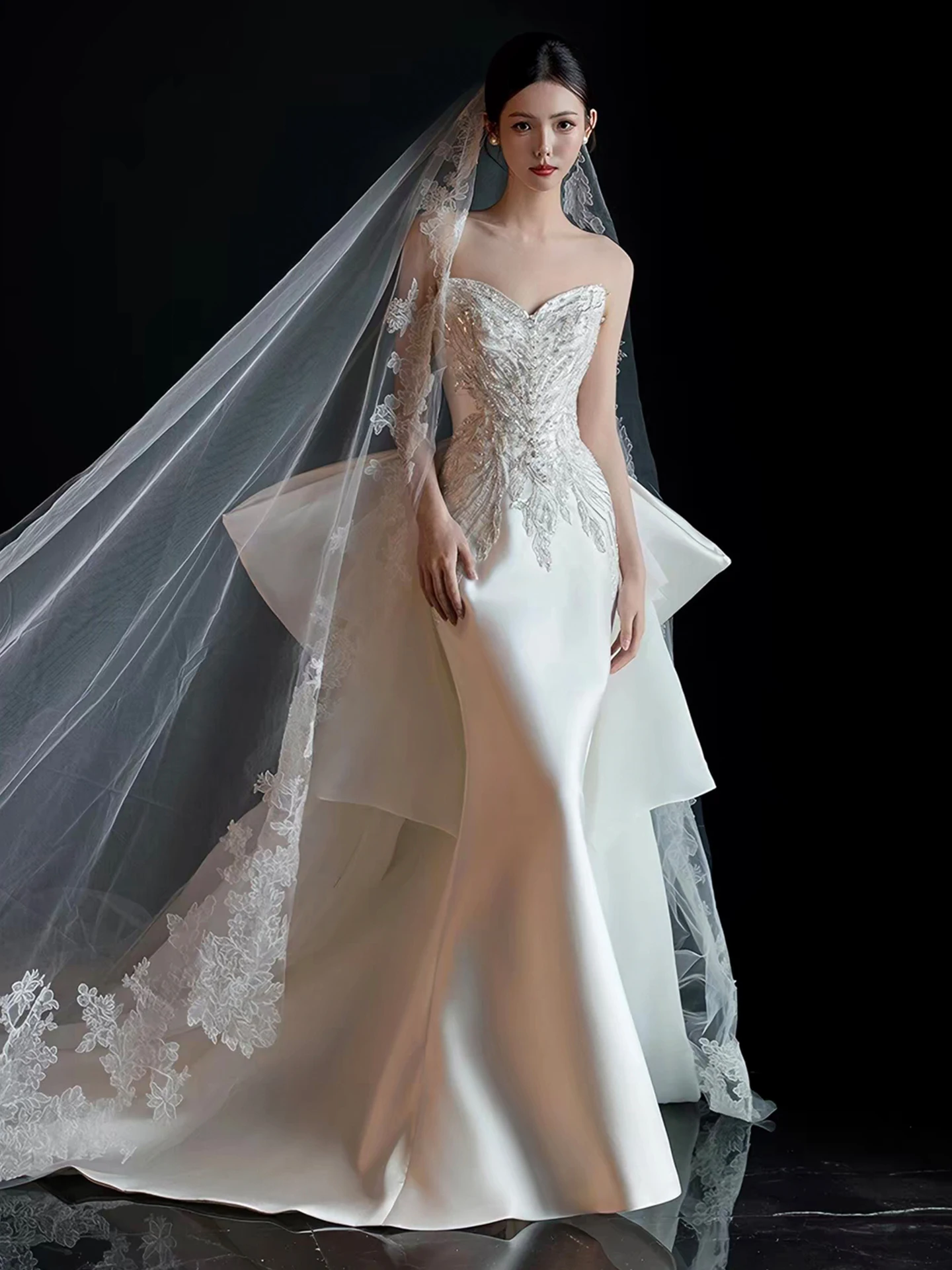 Light Wedding Dress Bride Satin Heavy Industry Fishtail 2026 New Advanced Texture Trailing out Welcome Yarn Morning Gowns