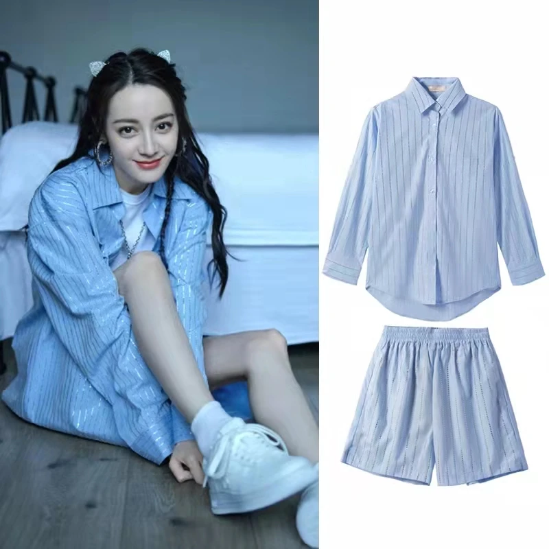 

Blue Striped Loose Heavy-Duty Rhinestone Shirt Top EXJR Fashion Set Cotton Material Spring Collection Women's Premium Wear