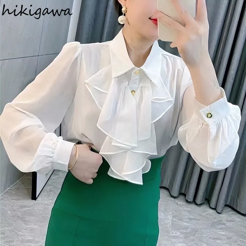 2024 Blusas Mujer De Moda Long Sleeve Solid Color Blouse for Women Vintage Summer Shirts Sweet Ruffles Loose Korean Blouses Tops