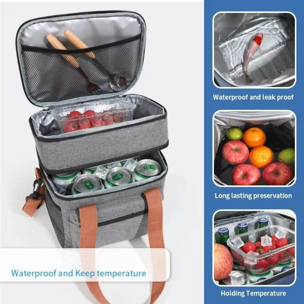 

Portable Tote Cooler Double Layers Multifunctional Thermal Lunch Bag with Shoulder Strap Large Capacity Travel Picnic Lunch Box