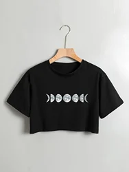 Moon Print Crew Neck T-shirt, Casual Short Sleeve Crop Top For Spring & Summer, Women's Clothing