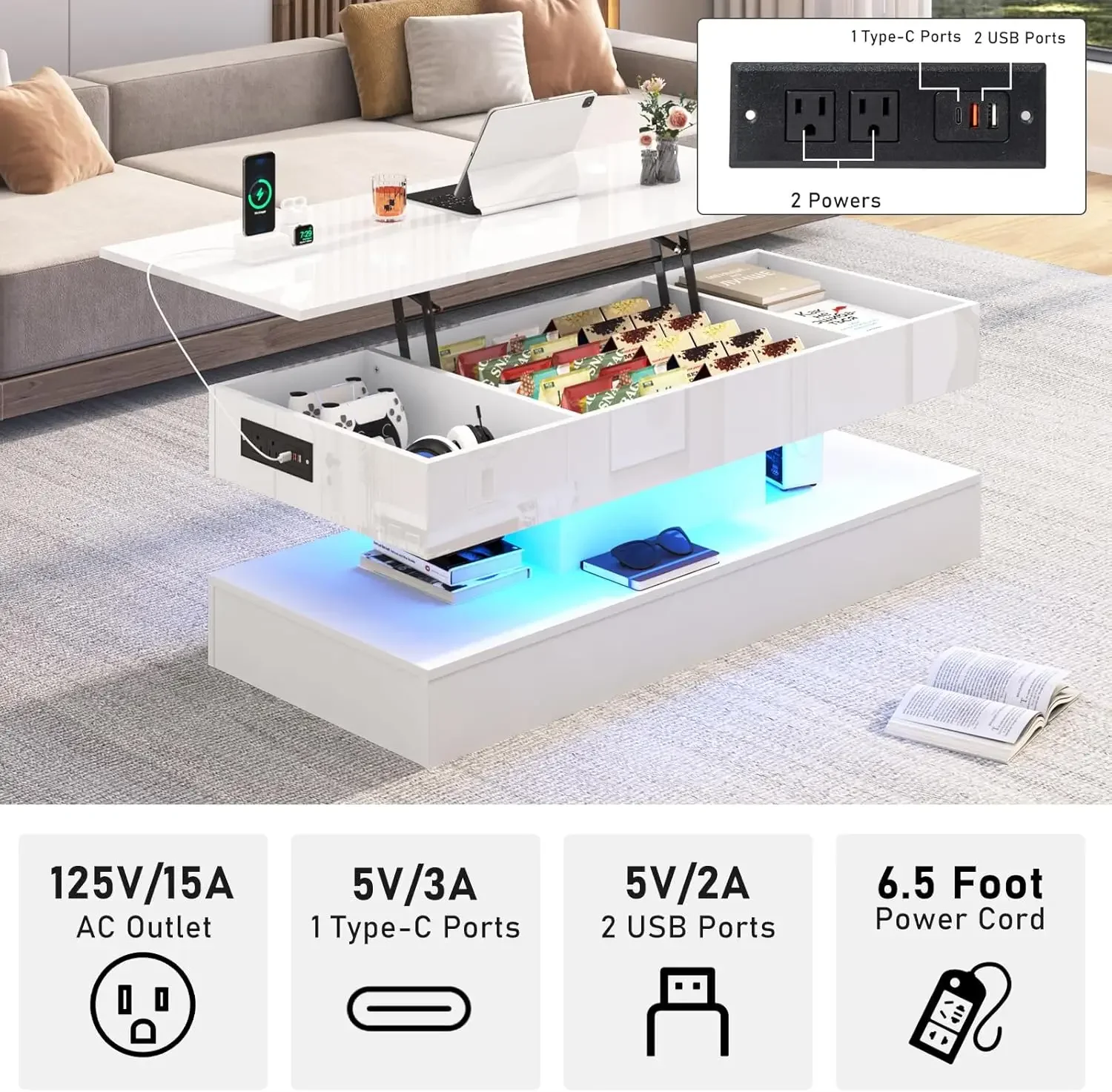Mesa de centro moderna de color blanco brillante con LED y cajón de almacenamiento para sala de estar