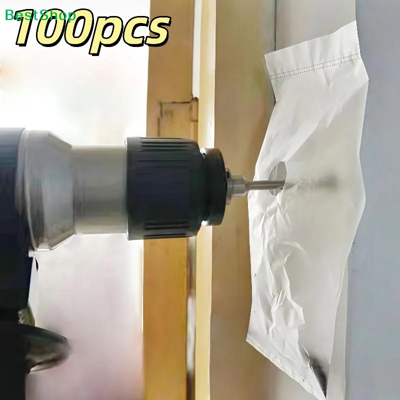 〔Z〕100Pcs Drill Dust Collector Bag For Wall Hole Punching Self Stick Plastic Cover Pre Cut Hole For Drill Bit Tearproof Reusable