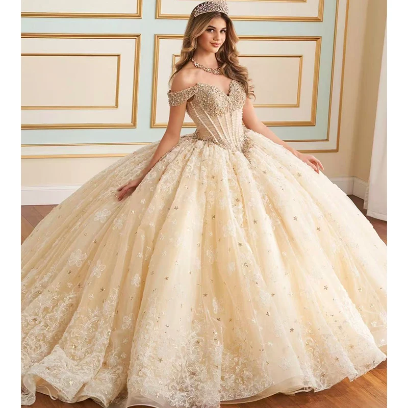 

High Quality Quinceneara Dress Embroidered Lace On Net With Sequins Princess Ballgown Off The Shoulder Customized Birthday Party