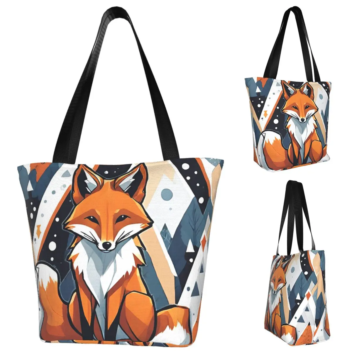 

Smiling Geometric Fox Shopping Tote Bag Canvas Large Capacity Shoulder Bags Shopper Grocery Handbag for Women