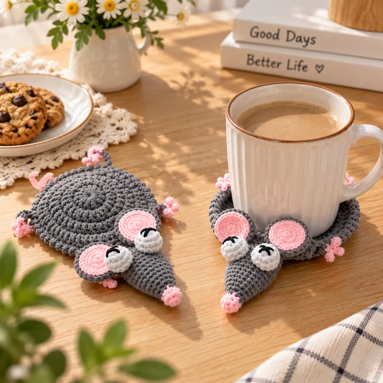 Handmade Cute Mouse Crochet Coaster Animal-Shaped Coffee Cup Mat Decorative Table Coaster for Home Kitchen Living Room
