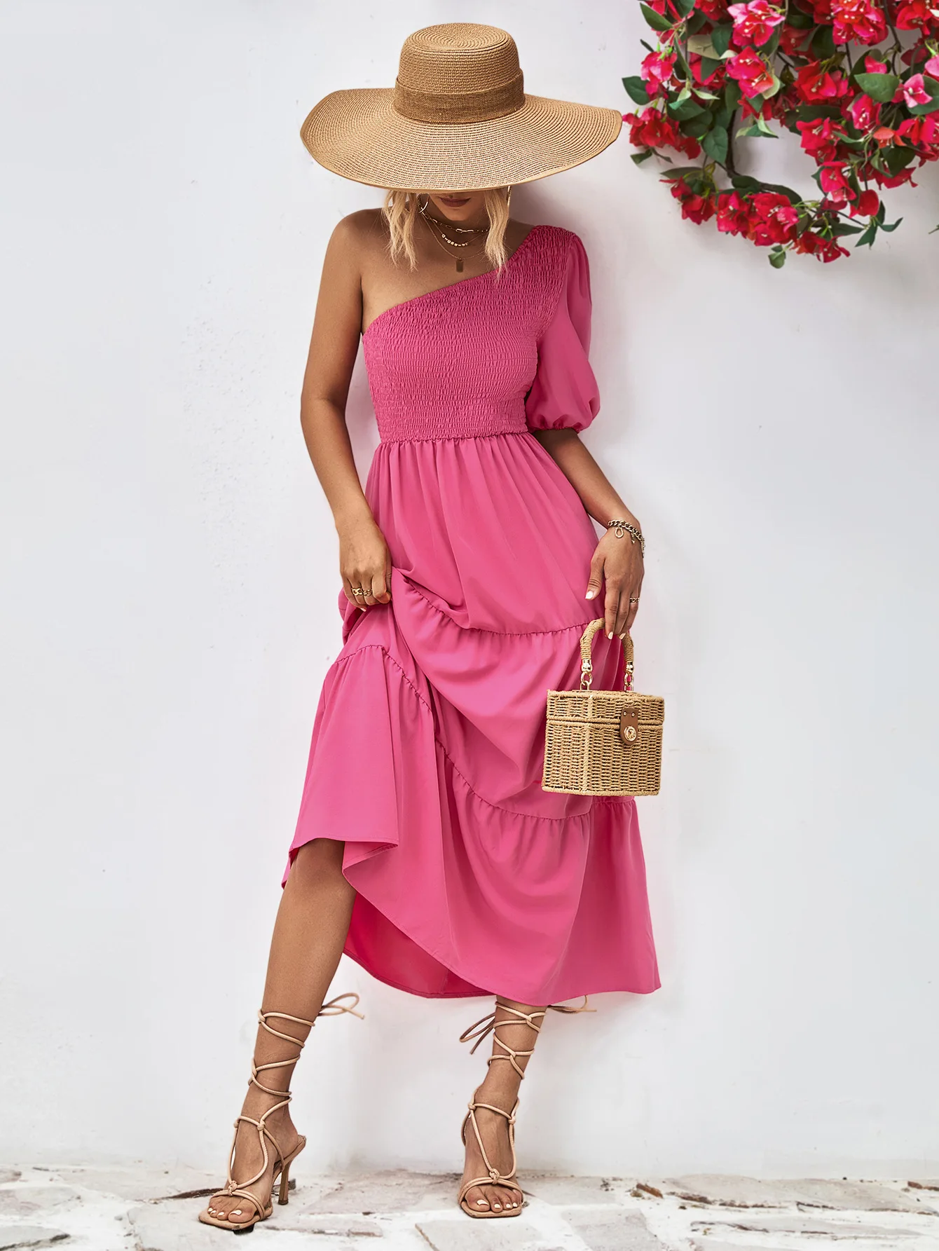 Abito estivo con spalle scoperte Smocked per donna Rose Red Fashion abbigliamento Casual femminile Beach Evening Party Prom Dress Girls Vestidos