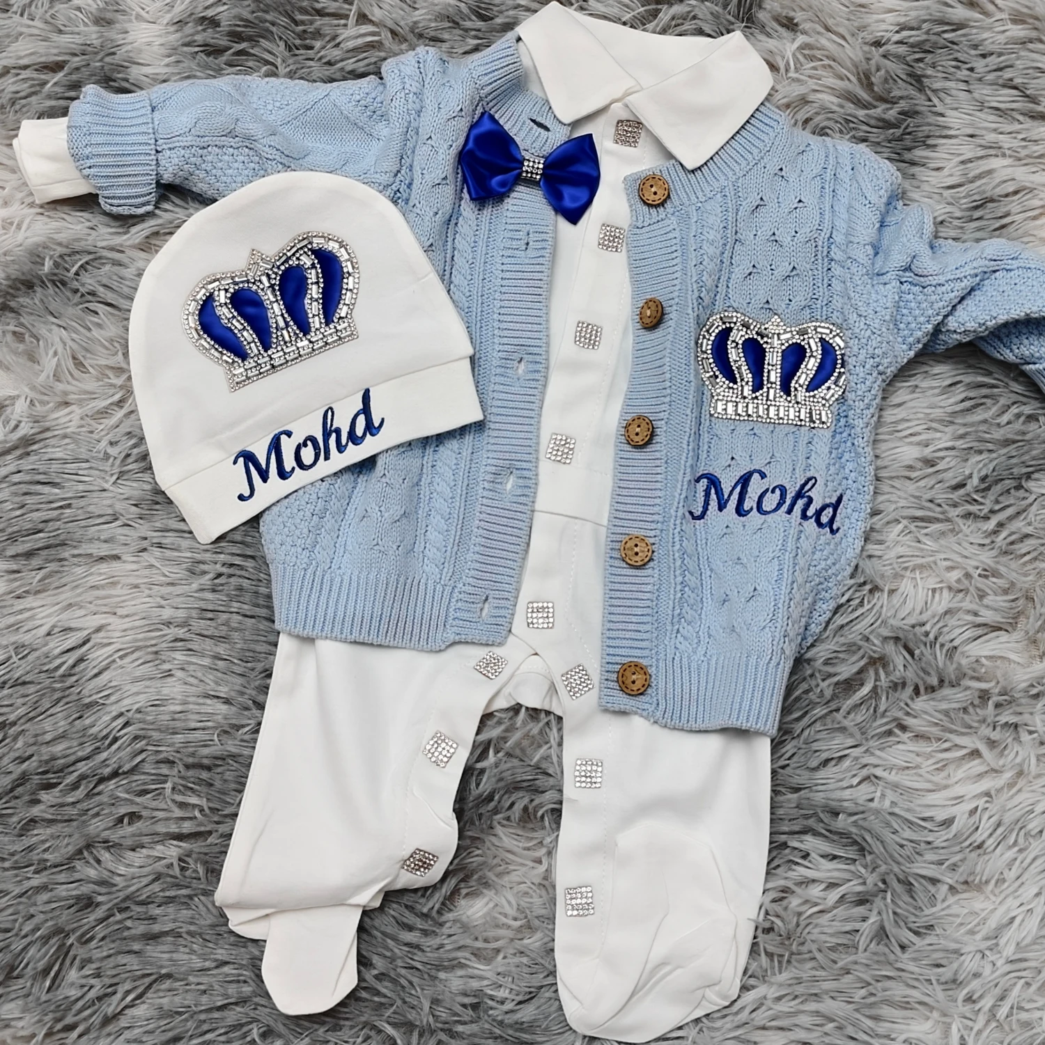 Premium Personalized Newborn Boy Clothes Blue Knit Cardigan Footed Jumpsuit With Hat Gift Set