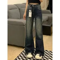 Y2K Style Jeans Women's High Street Loose Blue Jeans with Wide Legs Retro Straight High Waisted Pants Bell Bottoms