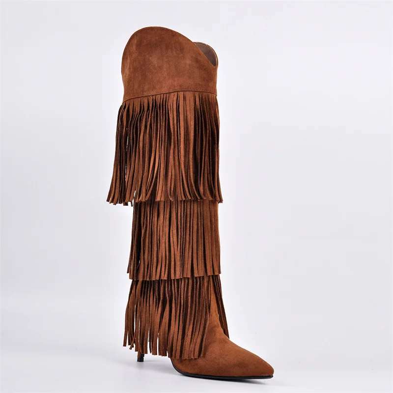 Onlymaker Women Pointed Toe Fringe Boots Comfy Pull On Mid Calf Thin Heel Pull-on Knee High Boots