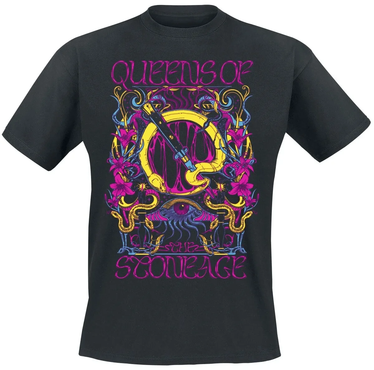 Queens of The Stone Age Psychedelic Eye Tee, Alt Rock T-Shirt with Snake Knife & Floral Print, Band Fan Merch