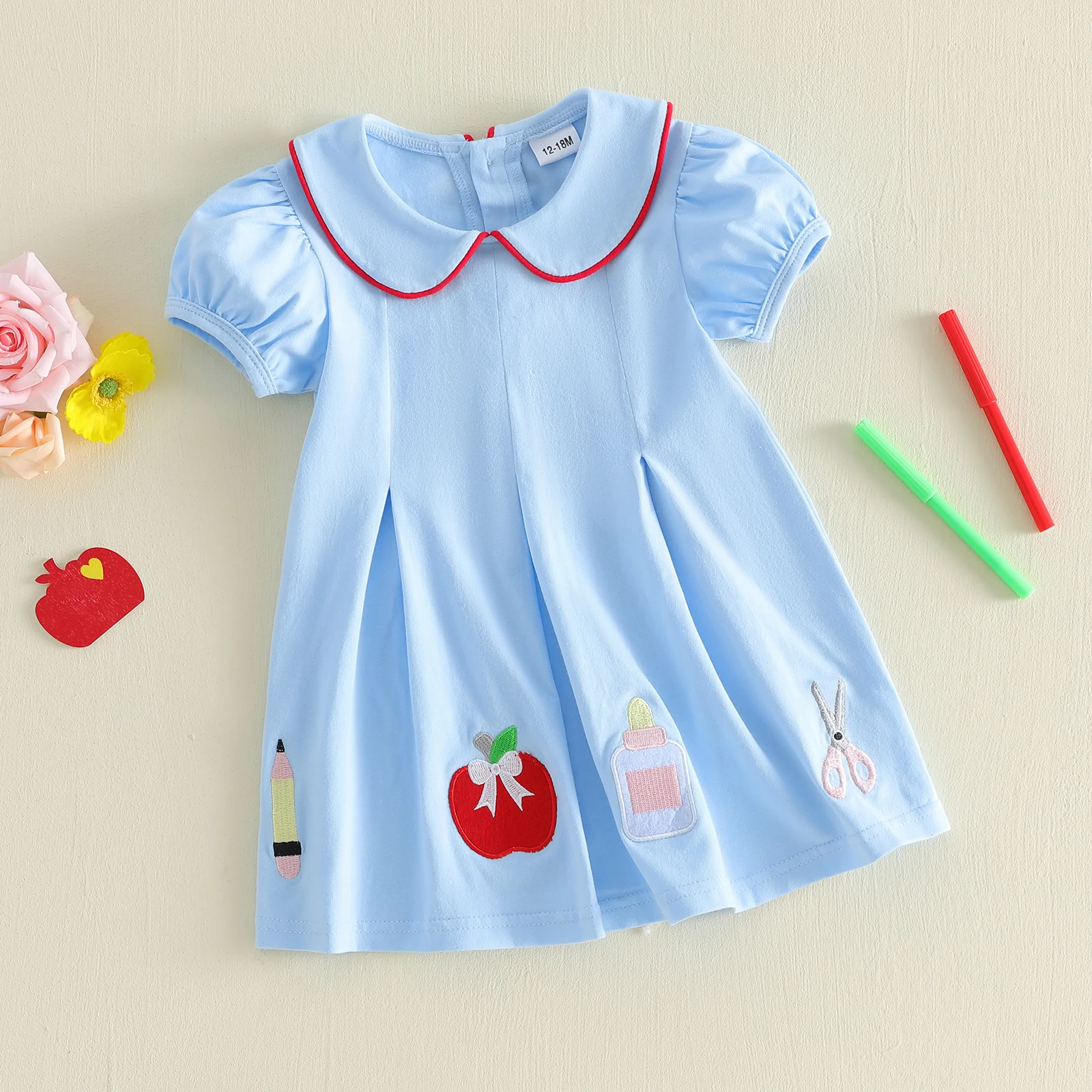 1-6Y Little Girls Back to School Dress Summer Short Sleeve Doll Collar Apple Scissors Pencil Embroidered Dress