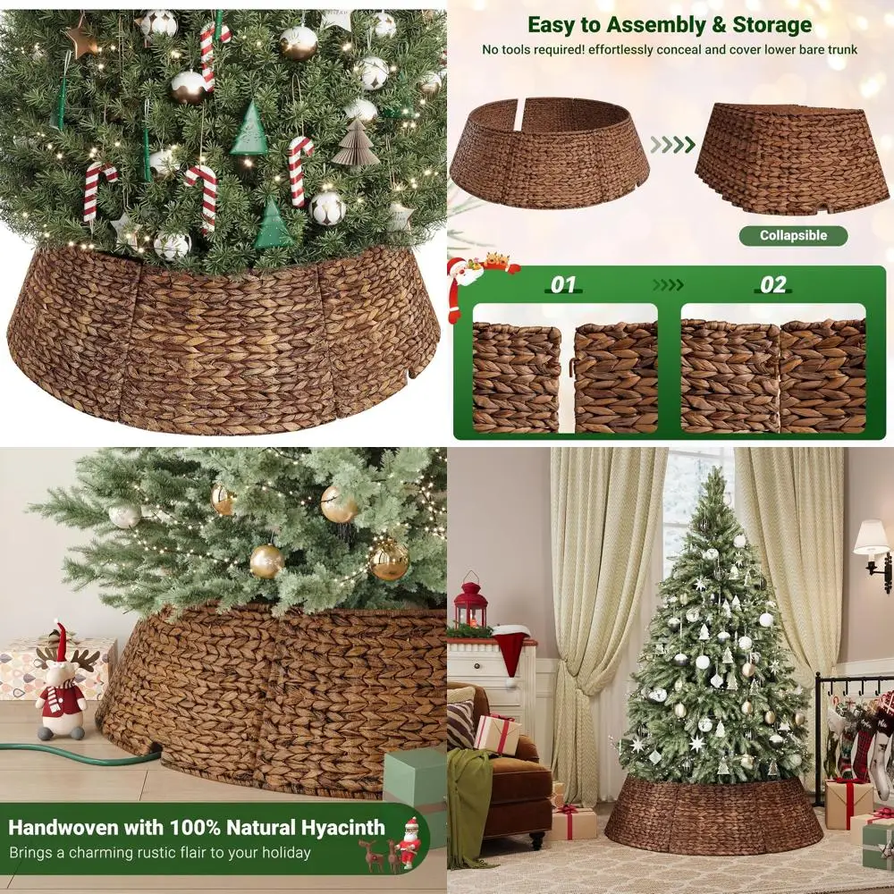 

Brown Woven Rattan Christmas Tree Collar, 8-Piece Stylish Tree Skirt, Wicker Base Cover with Cord Cut-Out for Home Decor and Liv