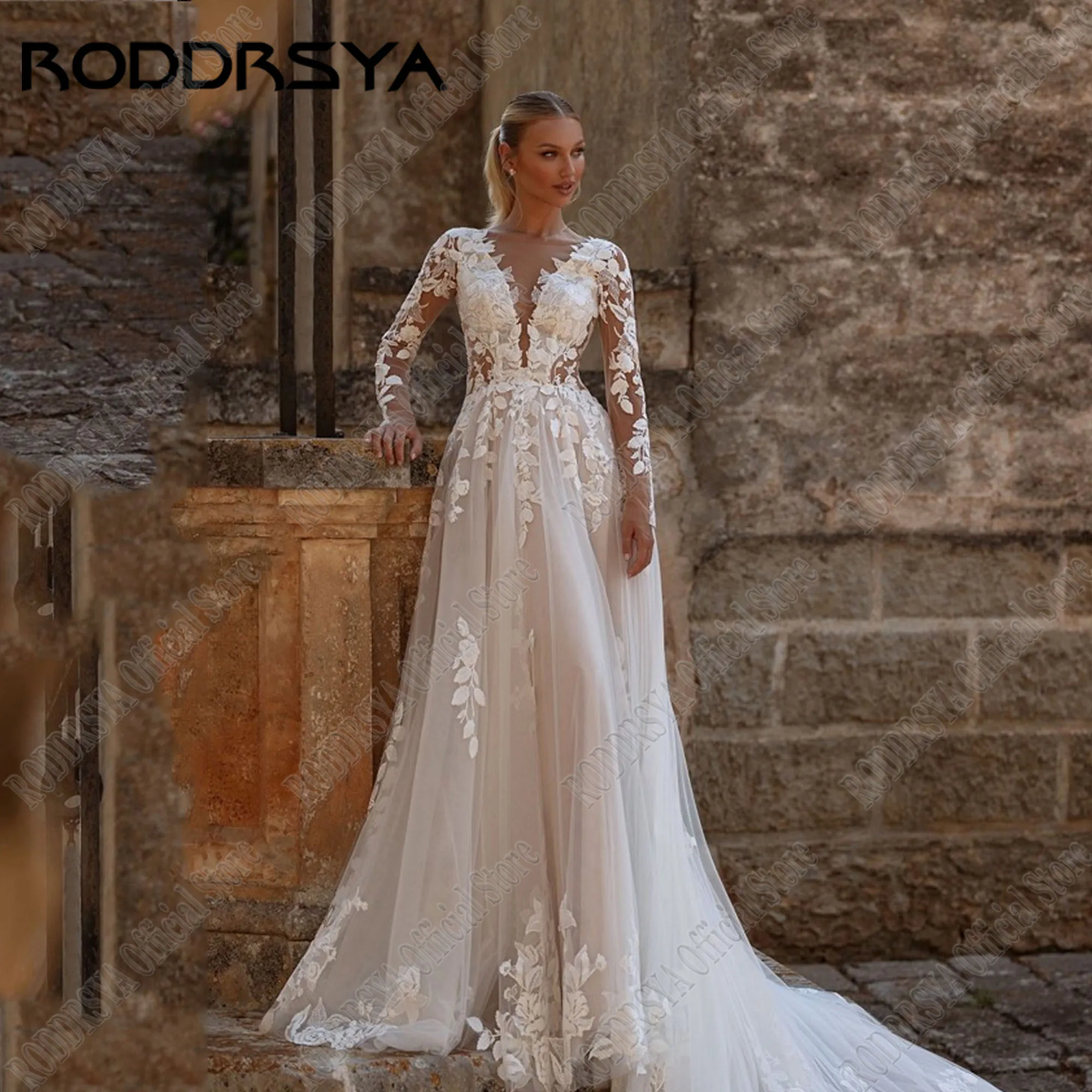 

RODDRSYA Customized Boho Wedding Dress 2025 Bride Long Sleeve Backless Lace vestidos de novia A-Line Applique Luxury Bridal Gown