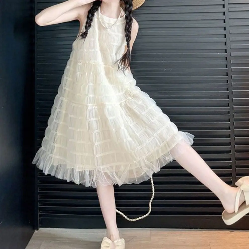 Elegant Loose Girls Princess Dress Party Beach Vacation Summer Mesh Dress Children Sweet Teens Long Dress Party