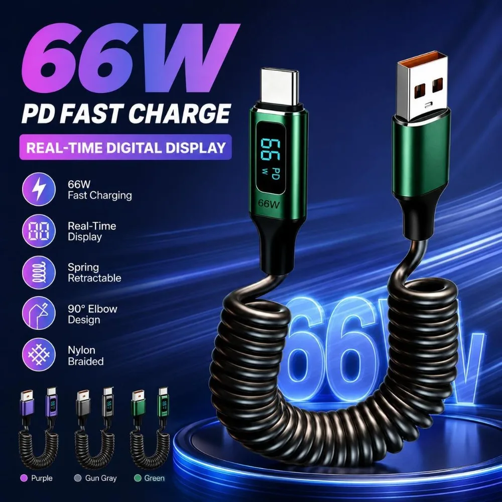 66W USB-A to USB-C Cable Real-Time Display Spring Coiled Digital Display Line Data Transfer Aluminum Alloy