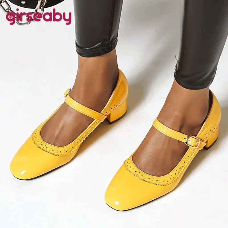 

Brand Women Pumps Square Toe Block Heels 4.3cm Buckle Strap Breathable Large Size 46 47 48 Shiny Female Daily Shoes