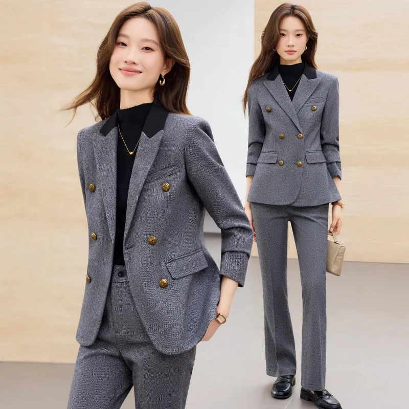 

Серый блейзер для женщин2025Новый осенний комплект с цветными блоками Design Sense Niche Профессиональный формальный элитный костюм