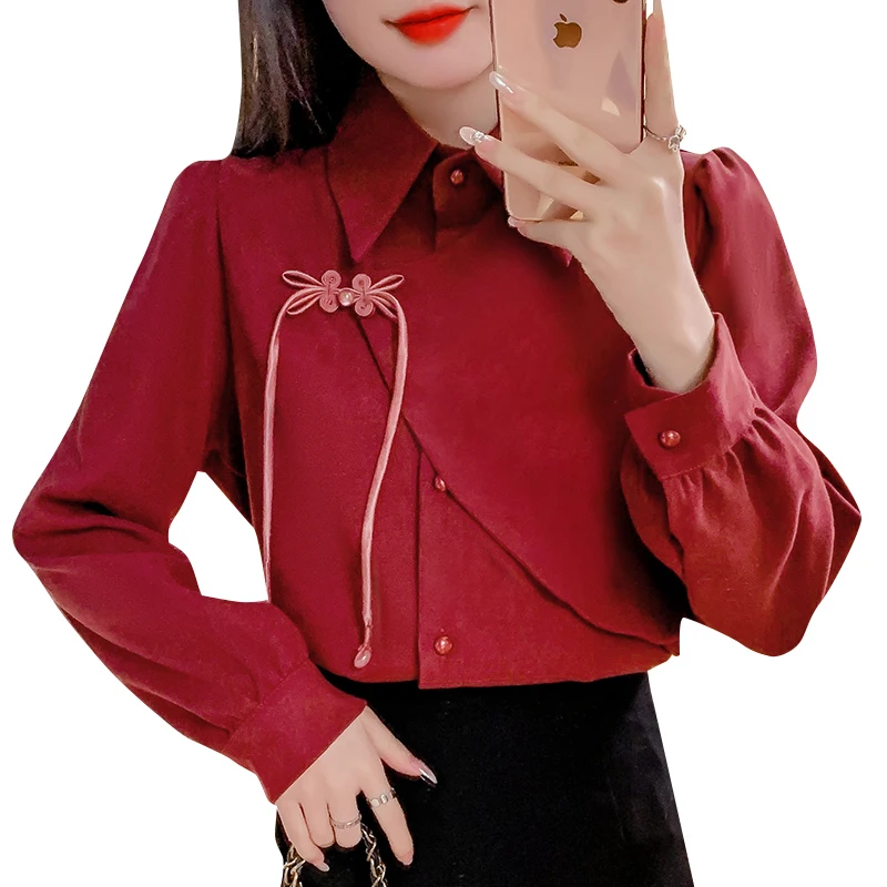 New Chinese women\'s clothingChinese style shir autumn andwinterthickened red shirt 2024 new design button up beautiful top