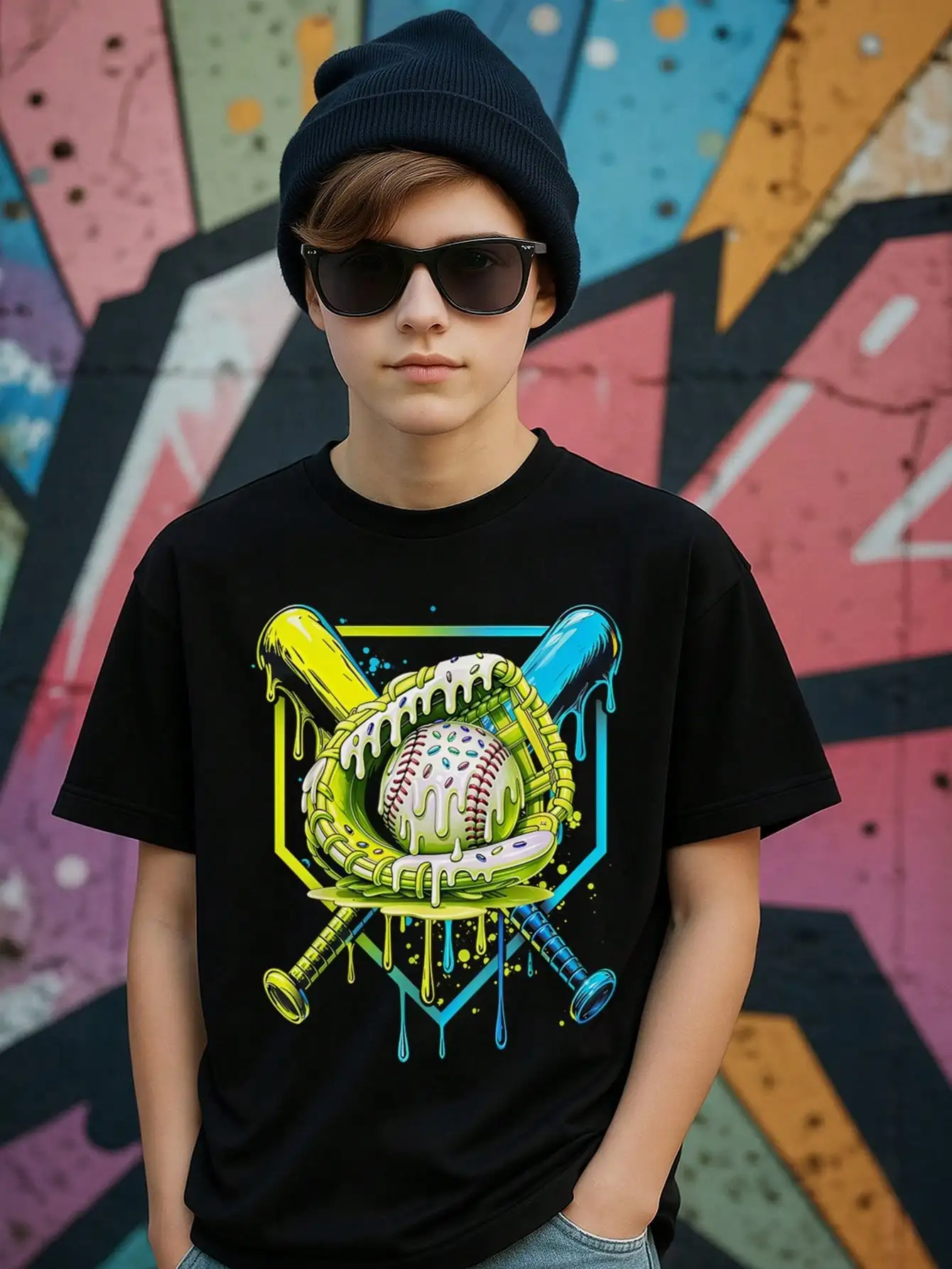 

Tween Boys Baseball Theme Cotton Graphic Tees, Black Short Sleeve Summer Tops With Baseball And Bats