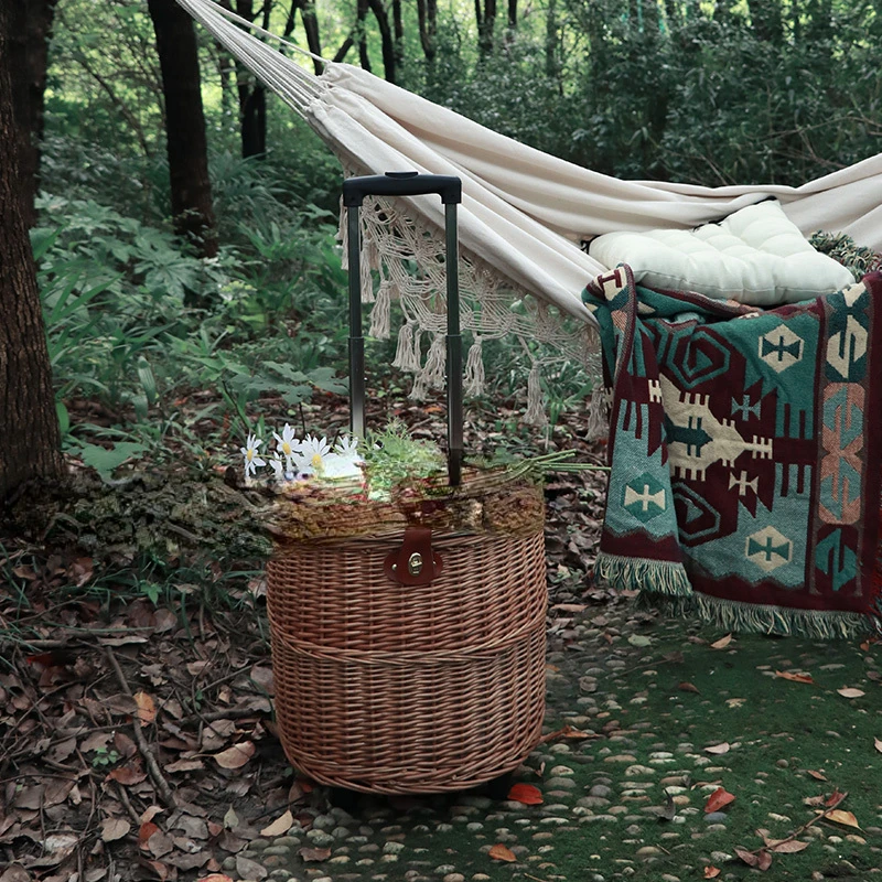 Trekstang Type Picknickmand Rotan Trolley Kar Multifunctionele Opbergmand Op Wielen Met Deksel Handmand Buiten Picknick Rekwisieten