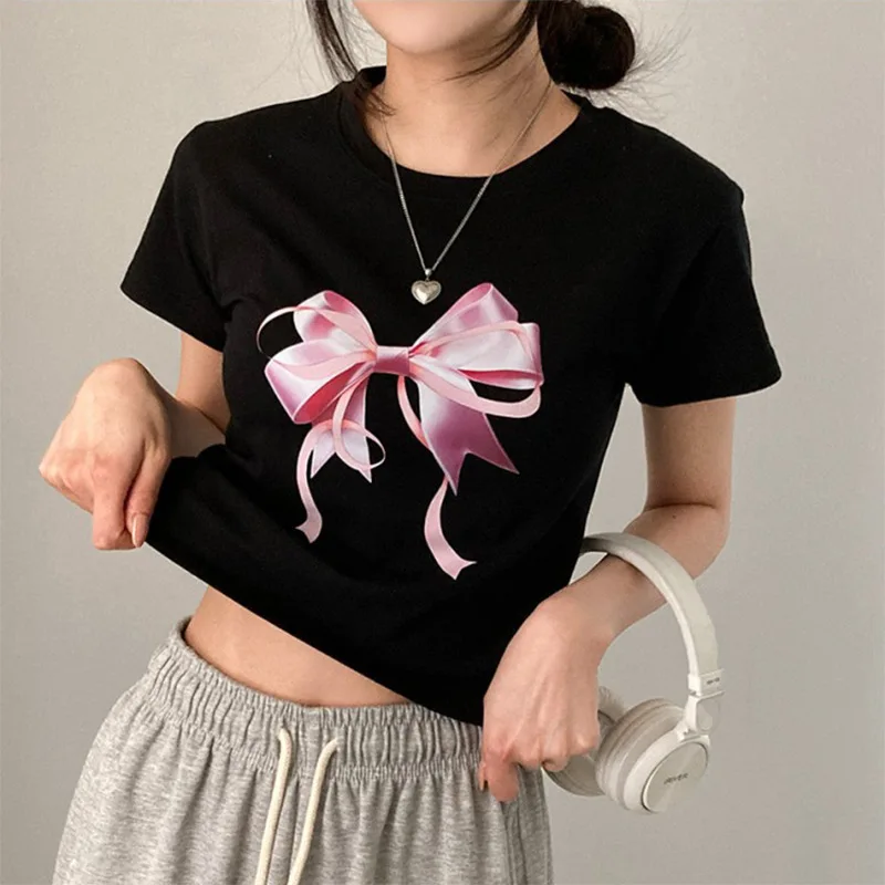 Y2k Clothes Cute Bow Print Fairy Graphic Crop Top Aesthetic Short Sleeve Goth Harajuk Kawaii T-shirt Summer Baby Tees Streetwear