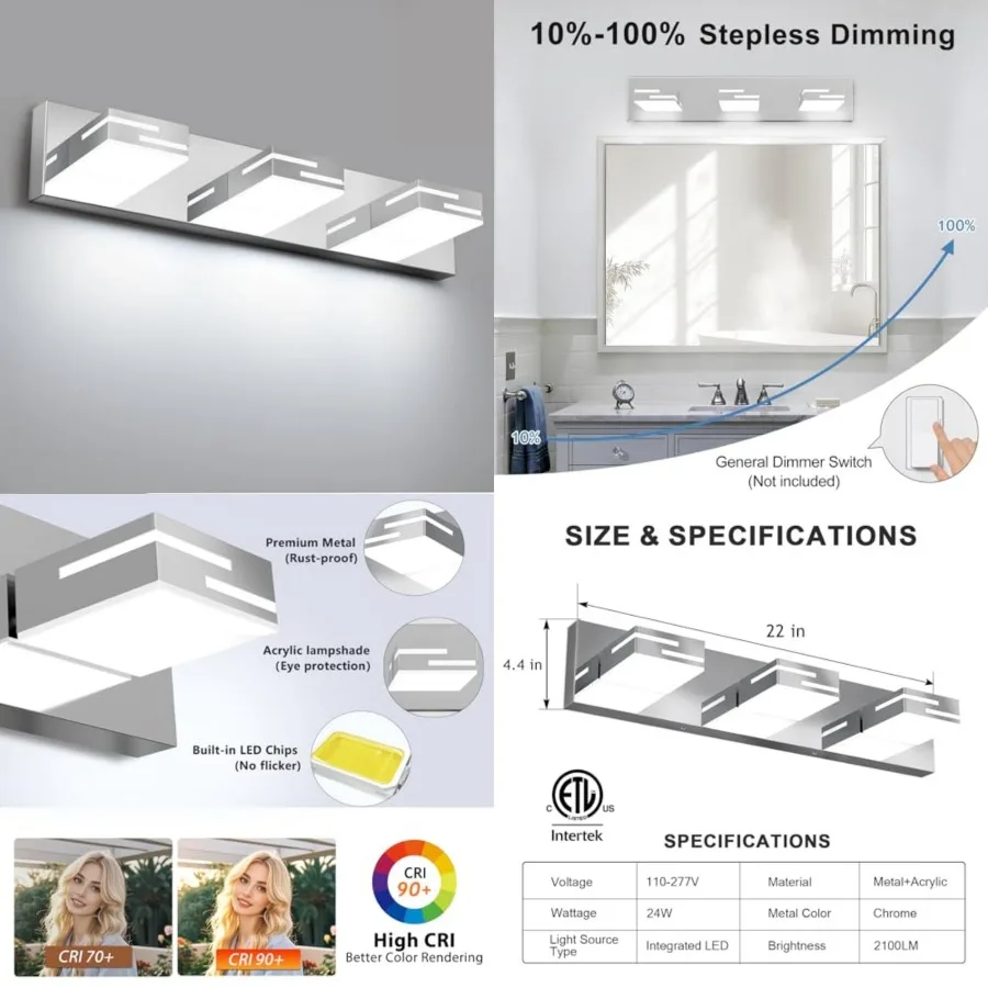 

LED Modern Bathroom Vanity Light Fixtures, Dimmable Vanity Lights for Bathroom Lighting Fixtures Over Mirror, with 360° Rotatab