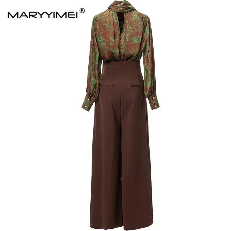 MARYYIMEI Fashion Designer Suit Women's Scarf Collar Long Sleeves Special Print Tops+Scarf+Flared Trousers 3pcs Set