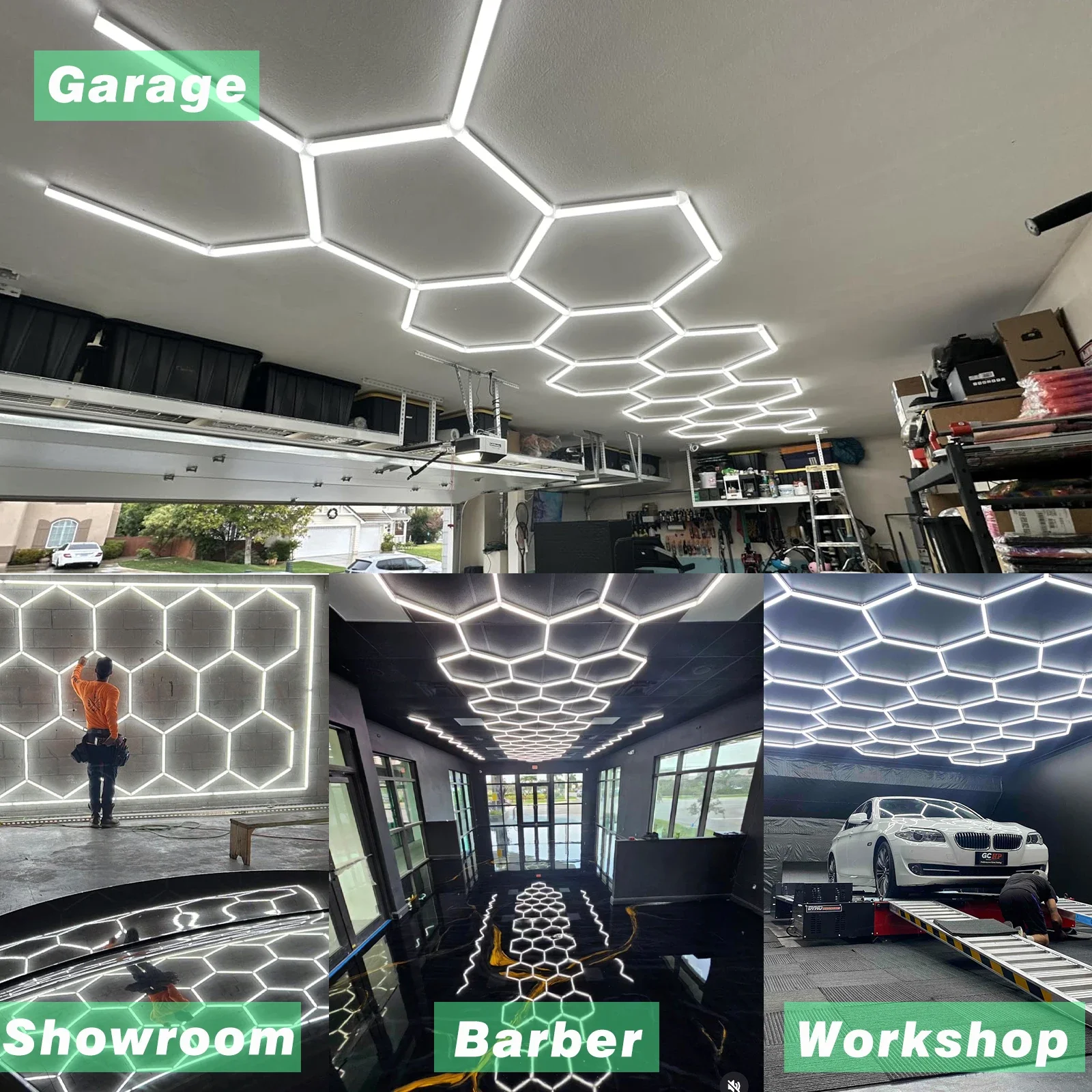 Lampe hexagonale à intensité variable pour garage, tube LED, éclairage de plafond en accent d'abeille, réparation de carrosserie automobile, atelier, 3 niveaux, 110V-240V