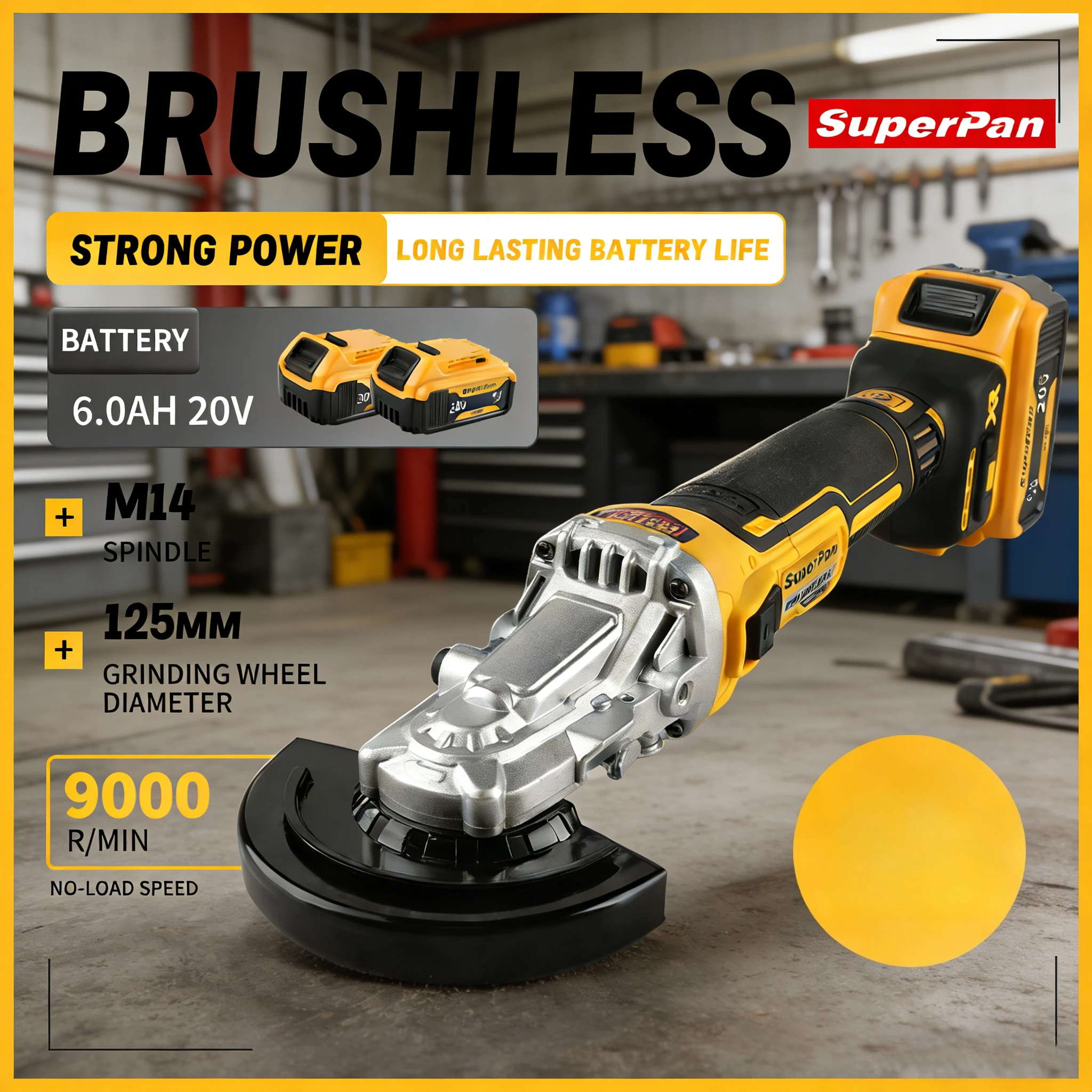 

Бесщеточная угловая шлифмашина SuperPan SP405 с высоким крутящим моментом и защитой от отскока для промышленной обработки камня, совместима с аккумулятором DeWalt 20В.