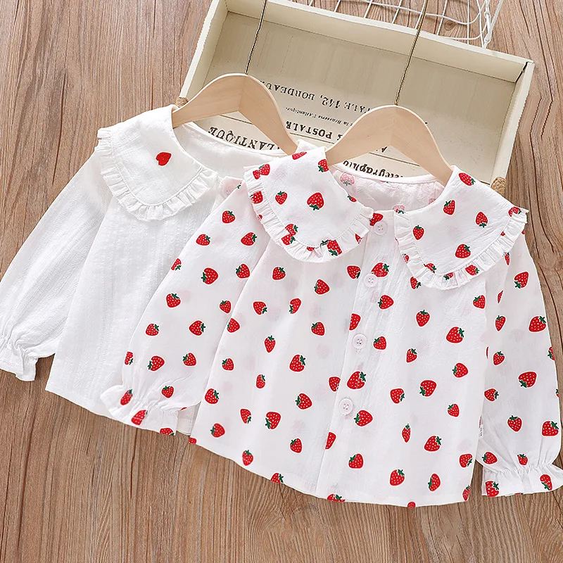 Girls' Strawberry Print Blouse, Ruffle Peter Pan Collar Cotton Shirt for Spring and Autumn