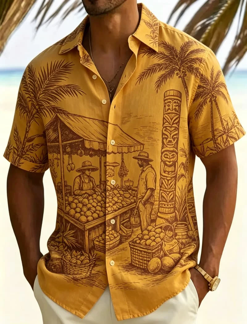 Men's Retro Hawaiian Scene Vacation Short Sleeved shirt, For Summer dressing, Casual activities, And Versatile Tropical Style
