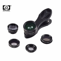 APEXEL Mobile Phone HD Lens 5 in 1 Super Wide-Angle 15X Macro 198° Fisheye Lens 2X Telephoto Lents For iPhone Samsung Smartphone