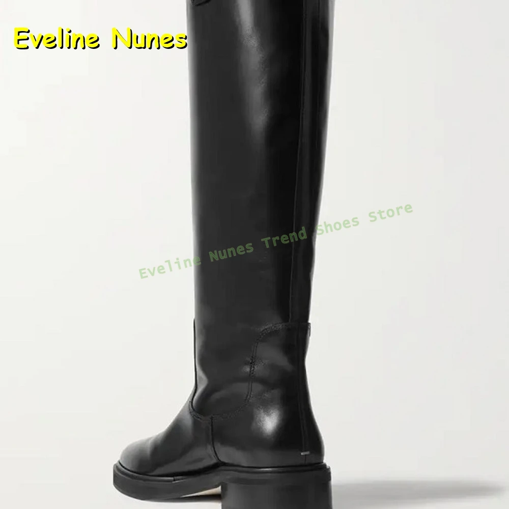 Black Leather Knee High Riding Boots Women's Round Toe Chunky Heels Tall Boots for Office Work and Everyday Casual Wear Summer view 6
