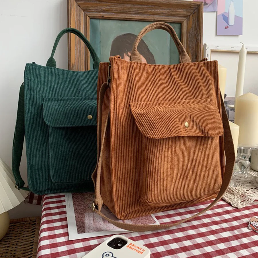 

Women's Corduroy Zip Shoulder Bag Retro Art Cotton Canvas Shopper Handbag Casual Tote Female Eco Vintage Crossbody Messenger Bag