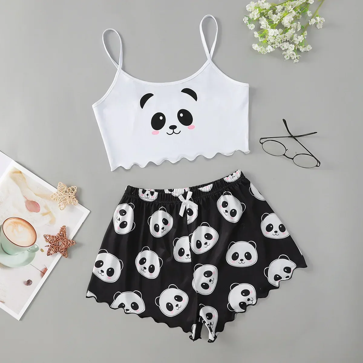 Women Casual Home Loungewear Panda Print Pajama Set Spaghetti Strap Cami Top Shorts Ladies Two Piece Sleepwear Outfit