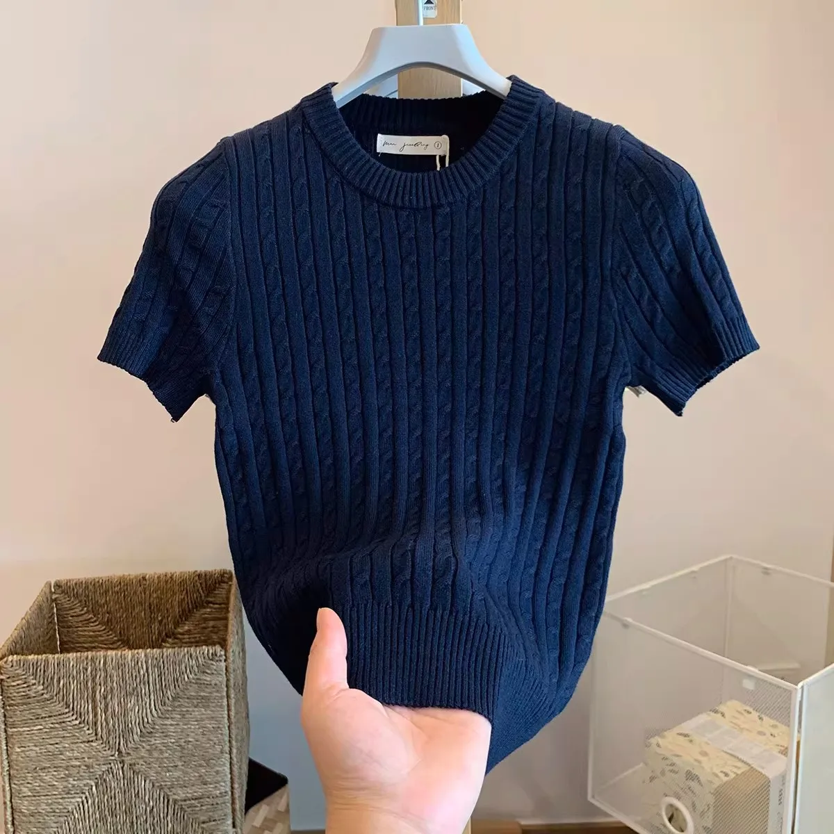 Zjaiss 2026 Summer Korean Retro Elegant Texture Short Sleeve O-Neck Twist Knit Top Women Soft Casual Versatile Thin T-shirt
